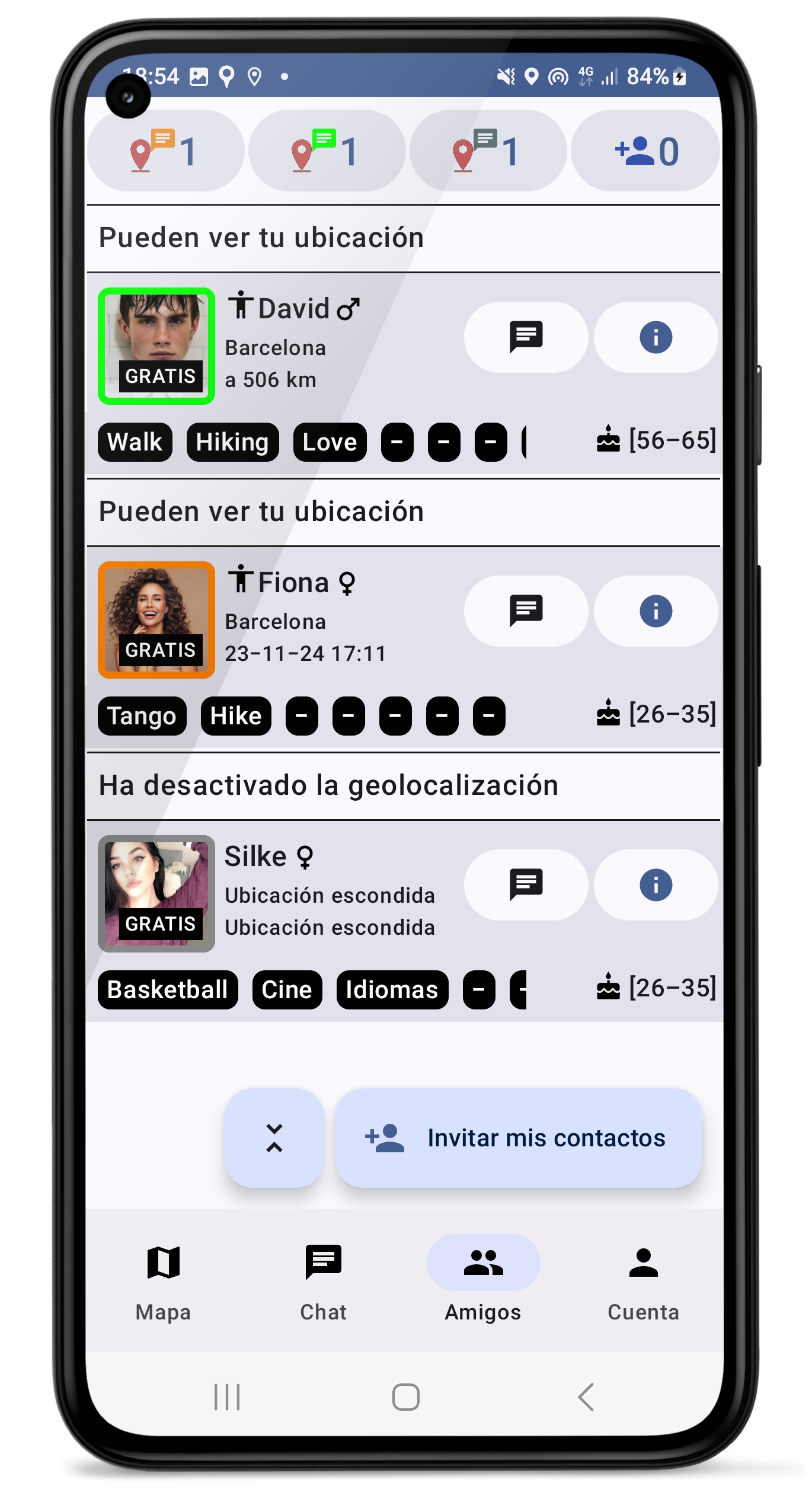 Contactos y opción de ocultar ubicación